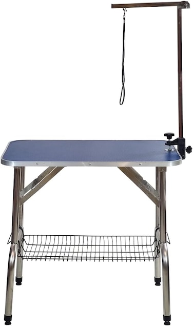 Foldable Pet Grooming Table with Non-slip surface, Folding crossbeams, and Portable, Beauty station for small to medium pet, Space saving design, Storage Basket, Adjustable Arm &amp; Noose, 145 cm (Blue)