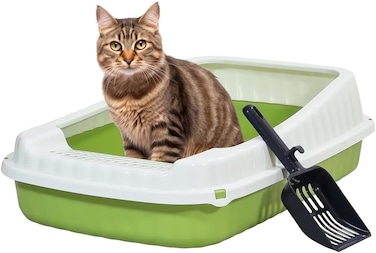 Semi-enclosed Cat litter box for Large-sized cats, Odor control plastic cat toilet with Litter scoop, Grid design, Lightweight, and Raised fence, Detachable for easy cleaning, 59 cm (Green)
