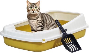 Semi-enclosed Cat litter box for Large-sized cats, Odor control plastic cat toilet with Litter scoop, Grid design, Lightweight, and Raised fence, Detachable for easy cleaning, 59 cm (Yellow)