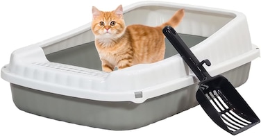 Semi-enclosed Cat litter box for Medium-sized cats, Odor control plastic cat toilet with Litter scoop, Grid design, Lightweight, and Raised fence, Detachable for easy cleaning, 49 cm (Grey)
