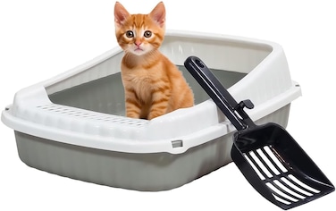 Semi-enclosed Cat litter box for Small-sized cats, Odor control plastic kitten toilet with Litter scoop, Grid design, Lightweight, and Raised fence, Detachable for easy cleaning, 37 cm (Grey)