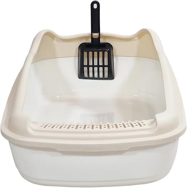 Anti-splash cat litter box with Enclosed design, Easy to clean, Durable plastic material and Removable, 56 cm Cat Litter Pan with Scoop, Portable, Large size, High fence, and All size cats (Beige)