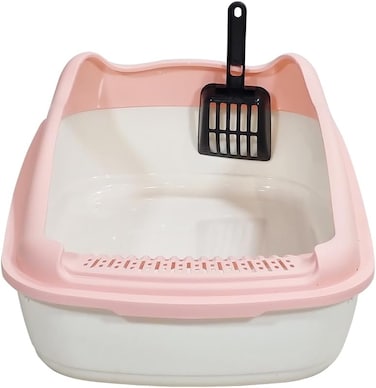 Anti-splash cat litter box with Enclosed design, Easy to clean, Durable plastic material and Removable, 56 cm Cat Litter Pan with Scoop, Portable, Large size, High fence, and All size cats (Pink)