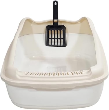 Anti-splash cat litter box with Enclosed design, Easy to clean, Durable plastic material and Removable, 47 cm Cat Litter Pan with Scoop, Portable, High fence, and Small to Medium size cats (Beige)