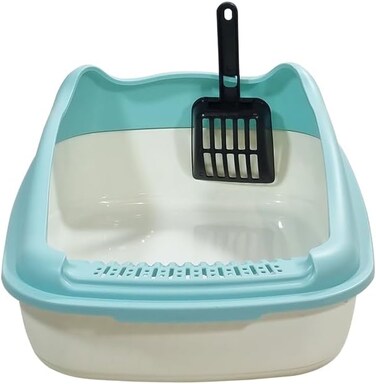 Anti-splash cat litter box with Enclosed design, Easy to clean, Durable plastic material and Removable, 47 cm Cat Litter Pan with Scoop, Portable, High fence, and Small to Medium size cats (Blue)
