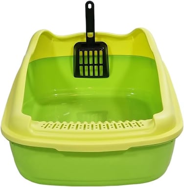 Anti-splash cat litter box with Enclosed design, Easy to clean, Durable plastic material and Removable, 47 cm Cat Litter Pan with Scoop, Portable, High fence, and Small to Medium size cats (Green)