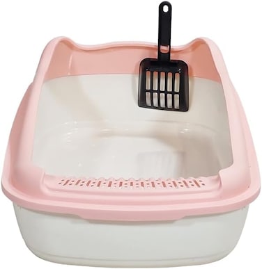 Anti-splash cat litter box with Enclosed design, Easy to clean, Durable plastic material and Removable, 47 cm Cat Litter Pan with Scoop, Portable, High fence, and Small to Medium size cats (Pink)