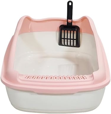 Anti-splash cat litter box with Enclosed design, Easy to clean, Durable plastic material and Removable, 38 cm Cat Litter Pan with Scoop, Portable, High fence, and ideal for small cats (Pink)