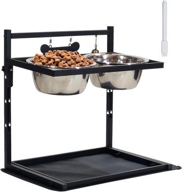 Elevated dog bowls, Adjustable height dog feeder station with 2 Stainless steel bowls, Name Tag, Bell, Pen, and Leak-proof mat, Sturdy metal pet feeder for Medium to Large dogs, 41 cm (Black)