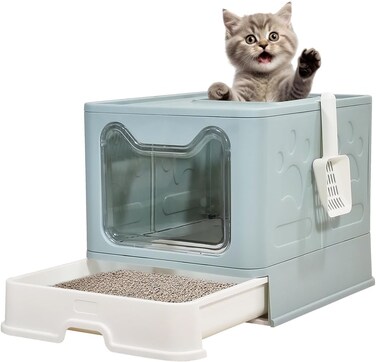 Foldable enclosed cat litter box with Top &amp; Front entry, Transparent door, Sand filter pedal, Litter scoop, and Drawer type, Splash-proof design cat toilet for Indoor cats, Easy to clean 50 cm (Green)
