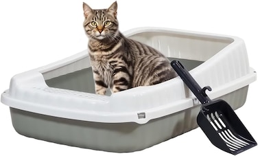Semi-enclosed cat litter box with Litter scoop, High sides, Grid design, and detachable design, Durable lightweight cat toilet, Suitable for Indoor/Outdoor use, Easy to clean, 59 cm (Grey)