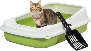 Semi-enclosed cat litter box with Litter scoop, High sides, Grid design, and detachable design, Durable lightweight cat toilet, Suitable for Indoor/Outdoor use, Easy to clean, 49 cm (Green)