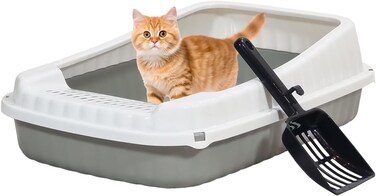 Semi-enclosed cat litter box with Litter scoop, High sides, Grid design, and detachable design, Durable lightweight cat toilet, Suitable for Indoor/Outdoor use, Easy to clean, 49 cm (Grey)