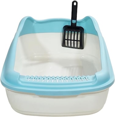 Large Cat Litter Pan for all size cats, Durable plastic and Removable design, 56cm Cat litter box with Scoop, Enclosed design, High fence and Anti-splash, Pet waste box with Easy to clean (Blue)