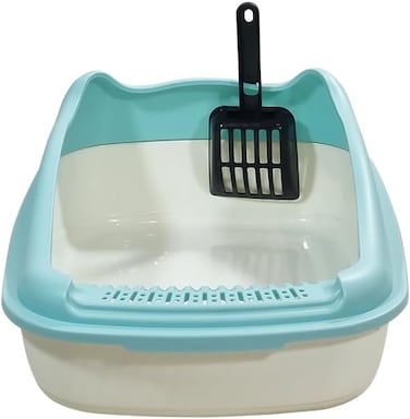 Cat Litter Pan for Small to Medium Cats, Durable plastic and Removable design, 47 cm Cat litter box with Scoop, Enclosed design, High fence and Anti-splash, Pet waste box with Easy to clean (Blue)