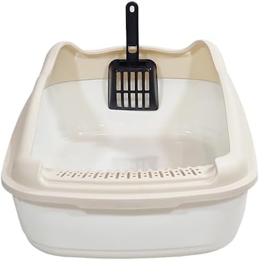 Cat Litter Pan for Small cats, Durable plastic and Removable design, 38 cm Cat litter box with Scoop, Enclosed design, High fence and Anti-splash, Pet waste box with Easy to clean (Beige)