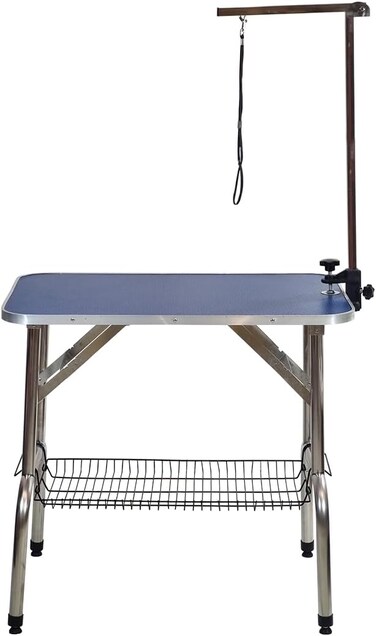Dog grooming table Arm with Clamp, Adjustable height, Non-slip surface and Foldable pet station at Home and Salons, 145 cm Grooming table with Mesh tray, Space saving and Easy to clean, (Blue)