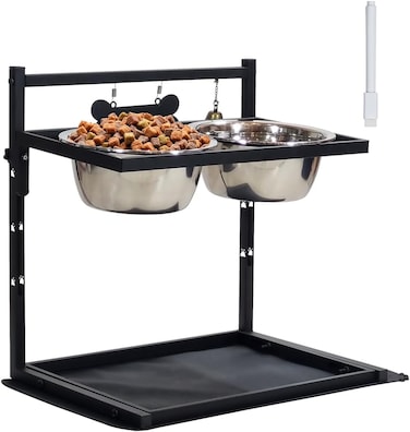 Elevated dog bowl stand for Medium to Large dogs, Heavy-duty adjustable pet feeding station with 2 Stainless steel bowls, Name Tag, Bell, Pen, and Leak-proof mat, Easy to assemble, 41 cm (Black)
