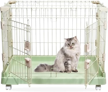 Portable Cat Cage with Secure Lock, Wheels, and Heavy-Duty Metal Wire, 71 cm Pet Cage with Wide Front Door, Easy Assemble &amp; Easy to Clean, Indoor-Outdoor Cage (Green)