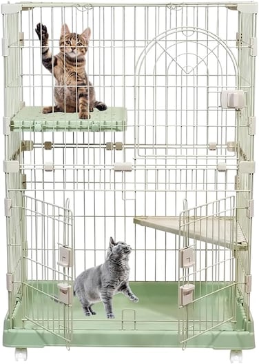 Double-layer Cat Playpen with Large Platforms, Wheels, Multiple Entry Doors and Secure Lock, 102 cm Durable Metal Construction, Indoor-Outdoor Pet Crate, Quick Assembly &amp; Easy Cleaning (Green)
