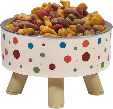 Stainless steel Raised pet bowl for Indoor Cat &amp; Small dogs, Durable pet feeding bowl with Detachable design, Plastic base, and Non-slip base, Easy to assemble, 14 cm (LIGHT BROWN)