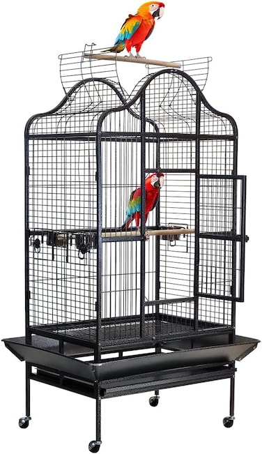 Large bird cage with Open-top design, Food bowls, Wooden perches, Seed guard, Slide-out tray, and Universal wheels, Sturdy metal bird cage for Parrots, Cockatiel, Easy assembly, 168 cm (Black)
