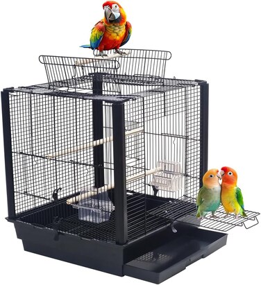 52cm Parrot Cage with Feeding Bowls, Wooden Perches and Play Top, Sturdy Metal Bird Cage with Tray, Portable Design for Indoor Outdoor Use, Ideal for Lovebirds, Cockatiels, and Parakeets (Black)