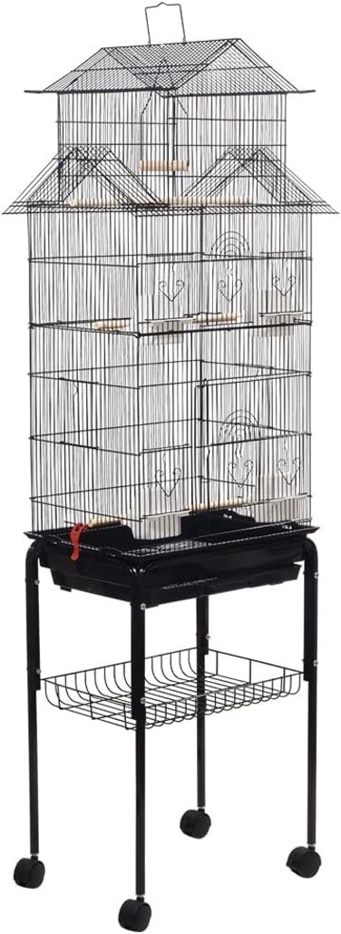 Tall bird cage for Small to Medium Birds, 165 cm Metal Cage with House-Shape Design, Swing and Perches, Parrot cage with Tray, Shelf, Food Cups, and Tray, Stand Cage for Indoor-Outdoor use (Black)