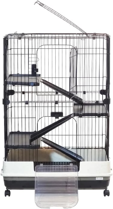 Pet Cage with Wide Platform &amp; Ladders, Indoor Outdoor use for Bunny, Guinea Pig &amp; Small Pets, 115 cm Rabbit cage with Wheel, Transparent Door, and Open Top, Multi-level Cage with Pull-out Tray (Black)