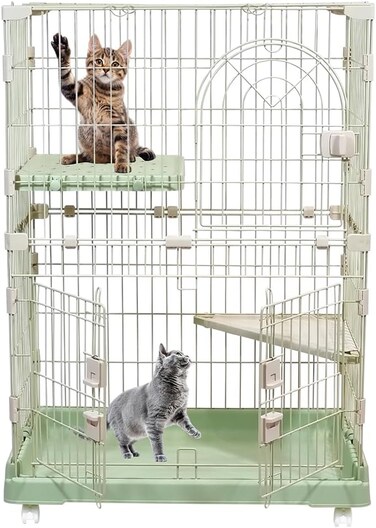 Multi-level cat cage with rotating wheels, Wide platforms, Multi-access doors, and Secure lock, 2-Tier pet cage for Indoor-Outdoor use, Durable and Sturdy Metal wire, 102 cm Cat Playpen (Green)