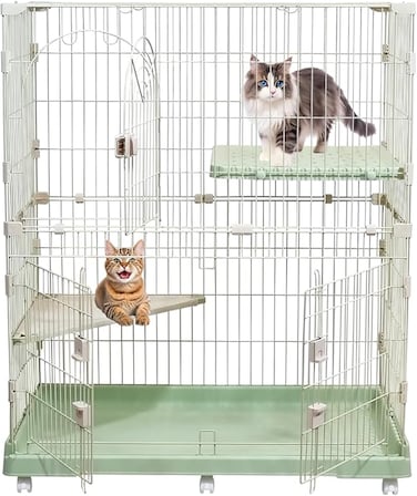 Multi-level cat cage with rotating wheels, Wide platforms, Multi-access doors, and Secure lock, 2 Tier pet cage for Indoor-Outdoor use, Durable and Sturdy Metal wire, 117 cm Cat Playpen (Green)