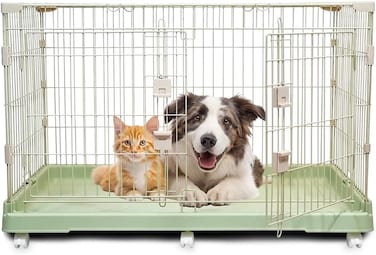 Cat Kennel with Rolling Wheels, Spacious Design, Strong Metal Frame, Large Front Door, 98 cm Dog Cage, Rabbit Cage, Quick Assembly, Indoor-Outdoor Cat Crate, Ideal for Small to Large Pets (Green)