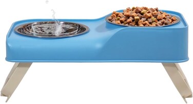 Elevated double bowl feeder for indoor cats and dogs, All-in-one Pet feeding bowl with 2 Stainless steel dishes, Durable PP material, and Anti-slip base, Eases neck strain, 36 cm (BLUE)