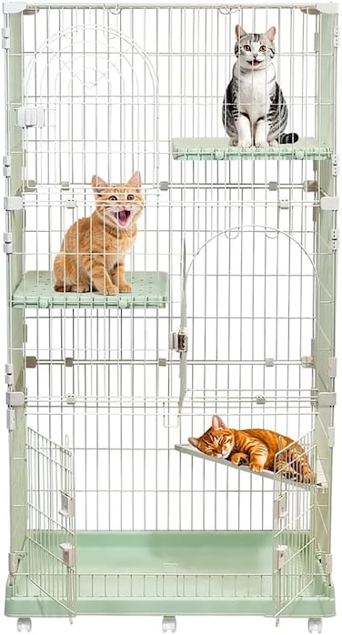 Cat Playpen with Sturdy Metal Wire and Lockable Casters, Multi-Access Doors with Secure Lock, Extra-Large Shelves, 158 cm Indoor-Outdoor Pet Playpen, Easy to Clean, Quick Setup, Cat Crate (Green)
