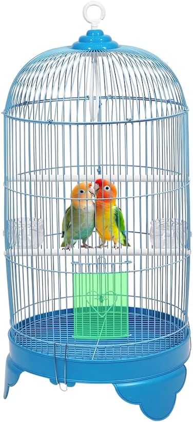 Round Bird Cage with Plastic Base, Metal Wire, Feeding Bowls, Swing, and Perches, 73 cm  Travel Portable Cage for Parakeets, Canaries, and Small Birds, Indoor Outdoor Use, Convenient hook (BLUE)