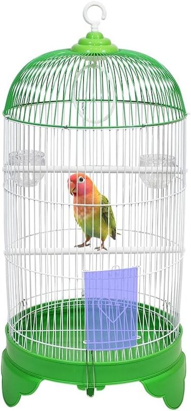 Round Bird Cage with Plastic Base, Metal Wire, Feeding Bowls, Swing, and Perches, 73 cm  Travel Portable Cage for Parakeets, Canaries, and Small Birds, Indoor Outdoor Use, Convenient hook (GREEN)