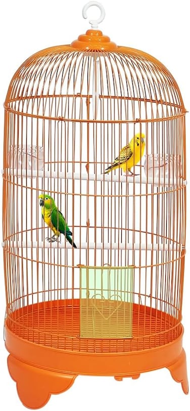 Round Bird Cage with Plastic Base, Metal Wire, Feeding Bowls, Swing, and Perches, 73 cm  Travel Portable Cage for Parakeets, Canaries, and Small Birds, Indoor Outdoor Use, Convenient hook (ORANGE)