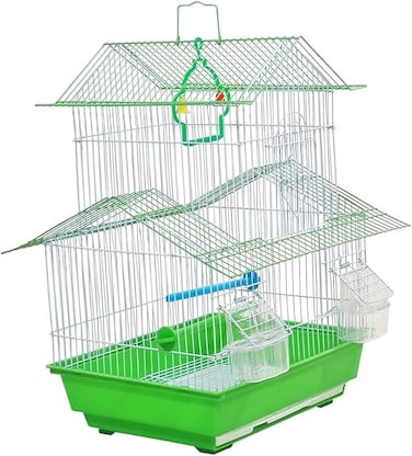 Small bird cage with Carry Handle, Perches, Hanging Toy, Pull-out tray and Feeding Cups, 49 cm Travel cage for Small birds, Indoor-Outdoor use, Easy to clean (Green)