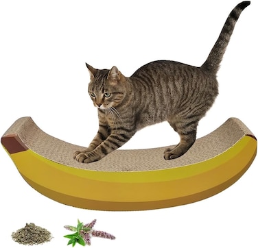 Cat scratcher with Banana design and Catnip, Durable corrugated cardboard cat scratching pad for Indoor Kittens &amp; Adult cats, Reversible Cat paw grinding toy for Scratching, 45 cm (Yellow)