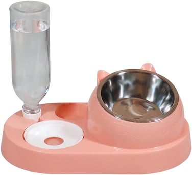 Pet feeder bowl for Cats &amp; Small dogs, 2-in-1 Automatic food and water dispenser with Detachable design, Stainless steel bowl and Durable plastic, Easy to clean, 32.3 cm (PINK)