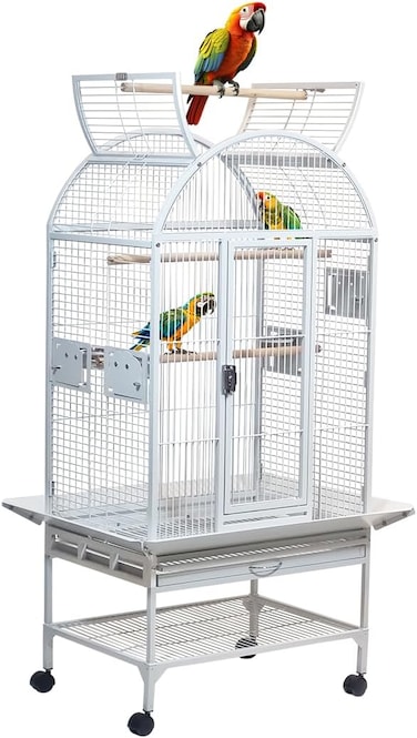 Large parrot cage with Stand, Indoor-Outdoor use, Open play top, Easy-clean tray, Food bowls &amp; Storage shelf, 163 Bird cage with Wheels, Wooden perches, Durable and Metal wire bird cage (White)