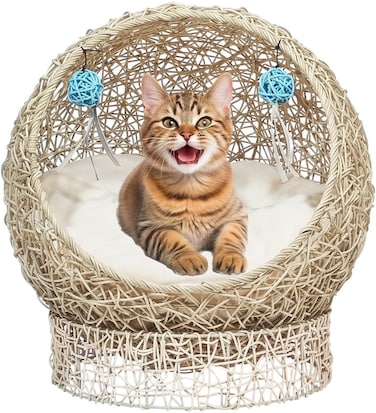 Woven rattan cat bed with Hanging toys, Soft cushion, Breathable, and comfortable, 52 cm Pet nest with Elevated and Round design, Cat sleeping pad for Indoor-Outdoor use (BEIGE)