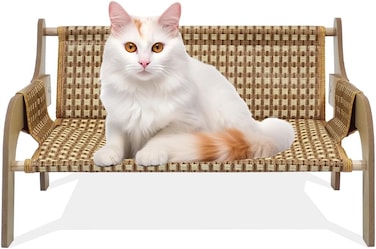 52 cm Cat lounge chair, Handmade wooden frame with Woven rattan, Modern elevated bed for Cats &amp; Small puppies, Durable scratch-proof, Pet furniture for Indoor use, Easy to Maintain &amp; Portable (Brown)