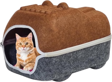 Felt cat house with Durable zipper, Ventilation hole, and Removable mat, Detachable cat bed for Small to medium cats, All-season hideout for Indoor/Outdoor use, Easy to clean, 40 cm (CHOCOLATE)