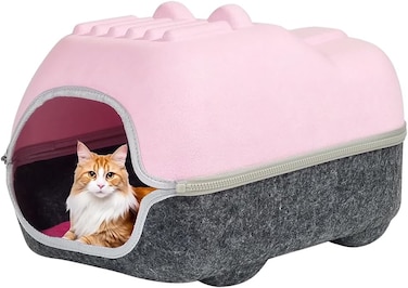Felt cat house with Durable zipper, Ventilation hole, and Removable mat, Detachable cat bed for Small to medium cats, All-season hideout for Indoor/Outdoor use, Easy to clean, 40 cm (PINK)