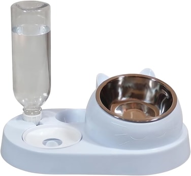 Cat double bowl with Automatic water dispenser and Stainless steel bowl, Heavy-duty plastic food &amp; water feeder for Cats &amp; Small dogs, Detachable &amp; Easy to clean, 32.3 cm (LIGHT-BLUE)
