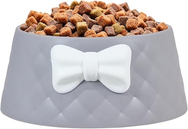 Cat feeding bowl with Bowknot decoration, Durable plastic, and Non-slip design, Heavy-duty pet feeding bowl for Cats &amp; Small dogs, Suitable for Indoor/Outdoor use, Easy to clean, 18.5 cm (GREY)