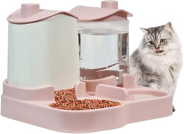 2-in-1 Automatic pet feeder and water dispenser set, Drinking water station for Indoor Cats, Durable plastic pet feeder with Food &amp; Water tanks, Easy to clean, 34 cm (Pink)