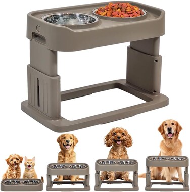 Adjustable height elevated dog feeder with 2 heavy-duty stainless steel bowls, Durable plastic, and Non-slip base, Heavy-duty dog food bowl for Indoor pets, Easy to clean, 43 cm (Khaki)