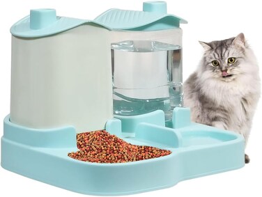Pet feeder and water dispenser set for Indoor cats, Durable Plastic pet feeding station with Detachable water bottle &amp; Storage bucket, Easy to clean, 34 cm (Green)